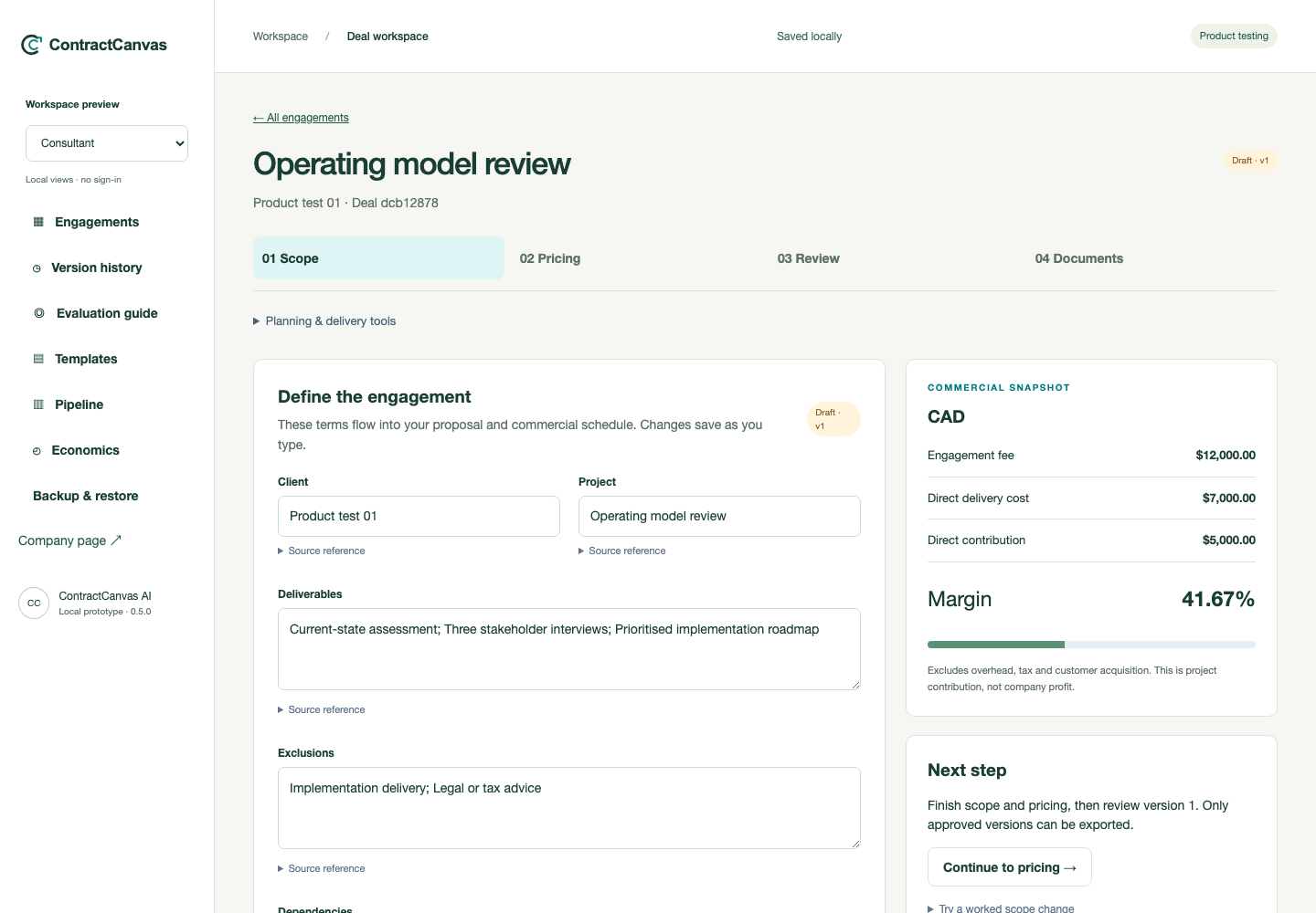 ContractCanvas scope screen