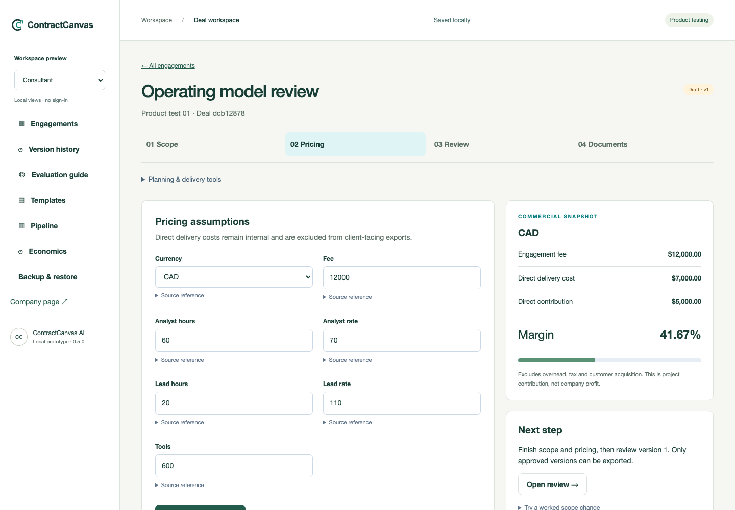 ContractCanvas pricing screen