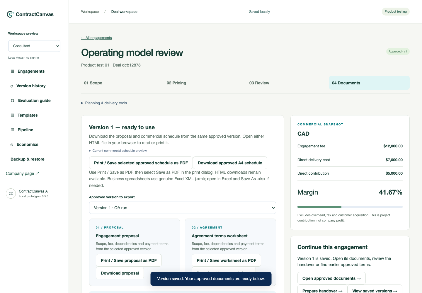 ContractCanvas documents screen