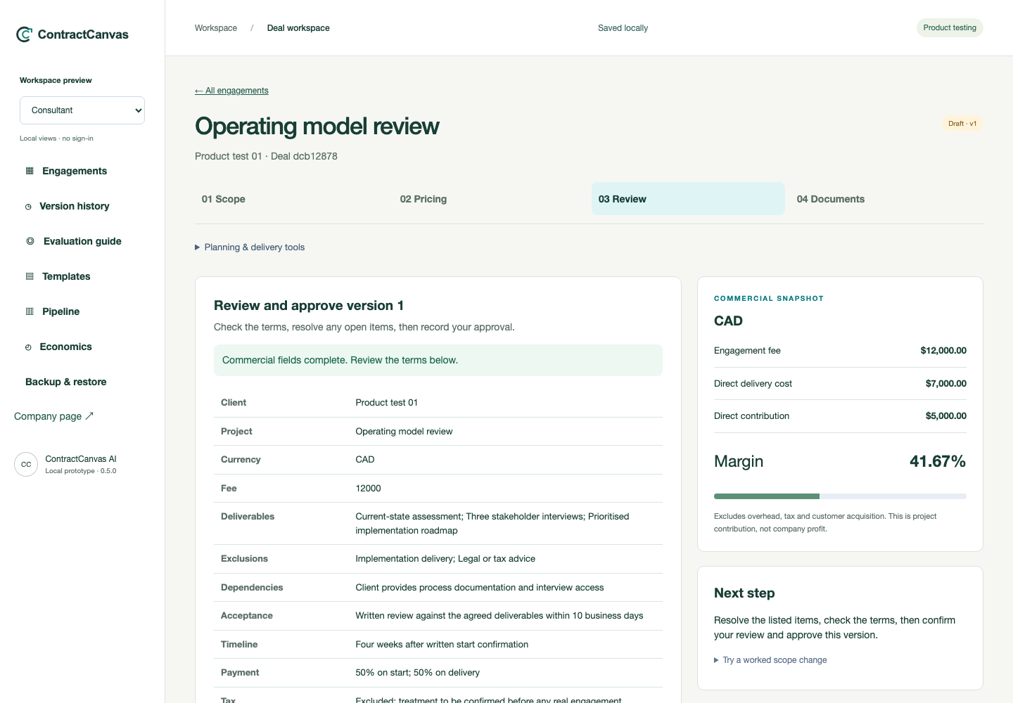 ContractCanvas review screen