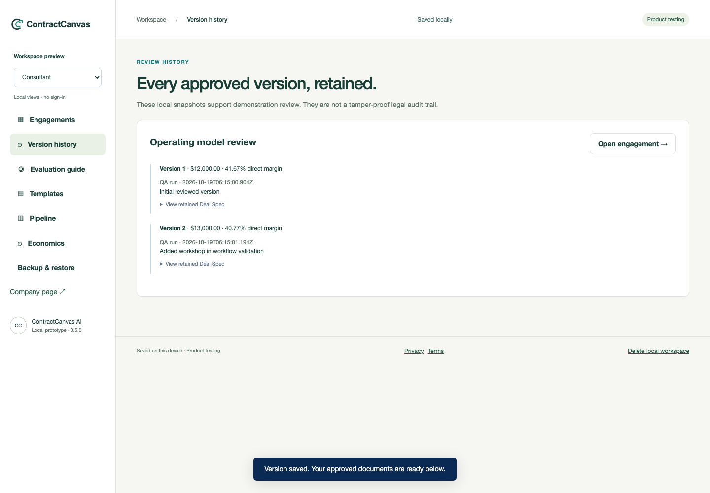 ContractCanvas changes and handover with sample demonstration data