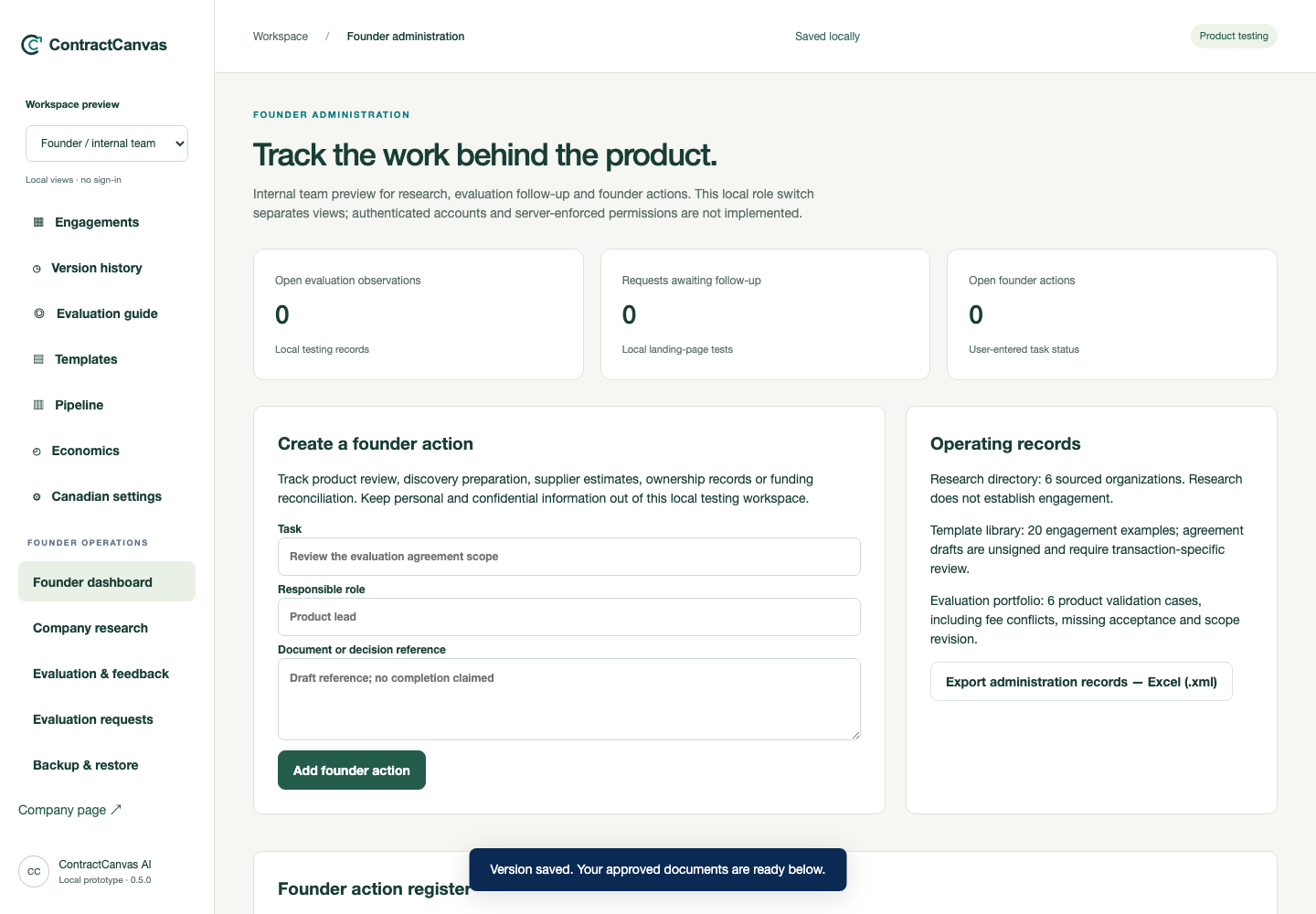 ContractCanvas research and founder operations with sample demonstration data