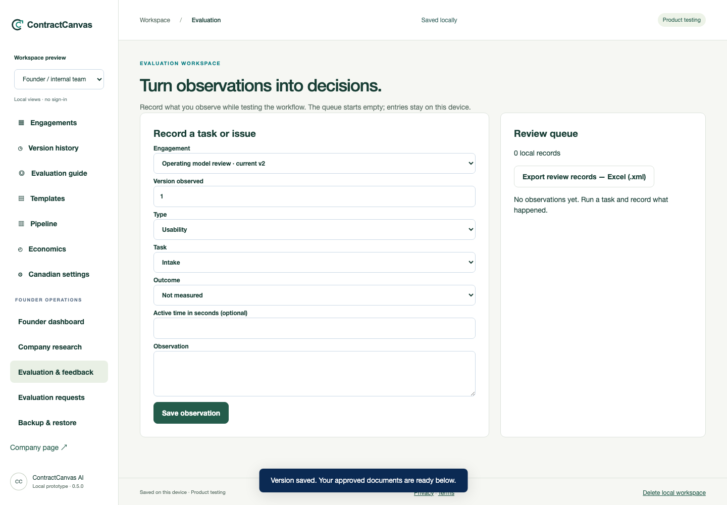 ContractCanvas feedback and follow-through with sample demonstration data